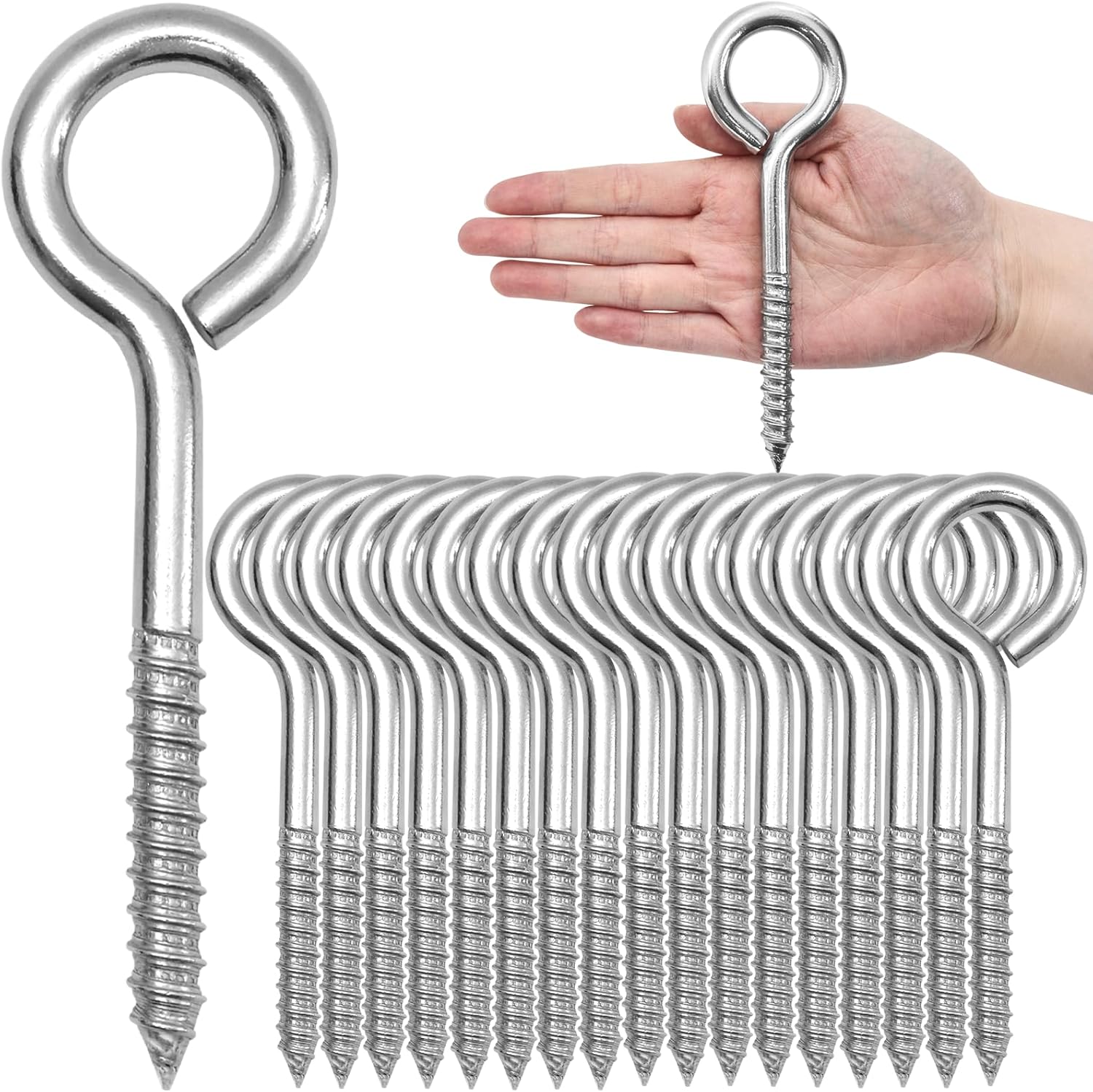 20PCS 6 inches Screw Eyes M10 304 Stainless Steel Eye Screws, Heavy Duty Screw, Eye Hooks Screw Eye Bolts Eye Hooks Screw, Indoor & Outdoor Uses (20, M10-6inch)