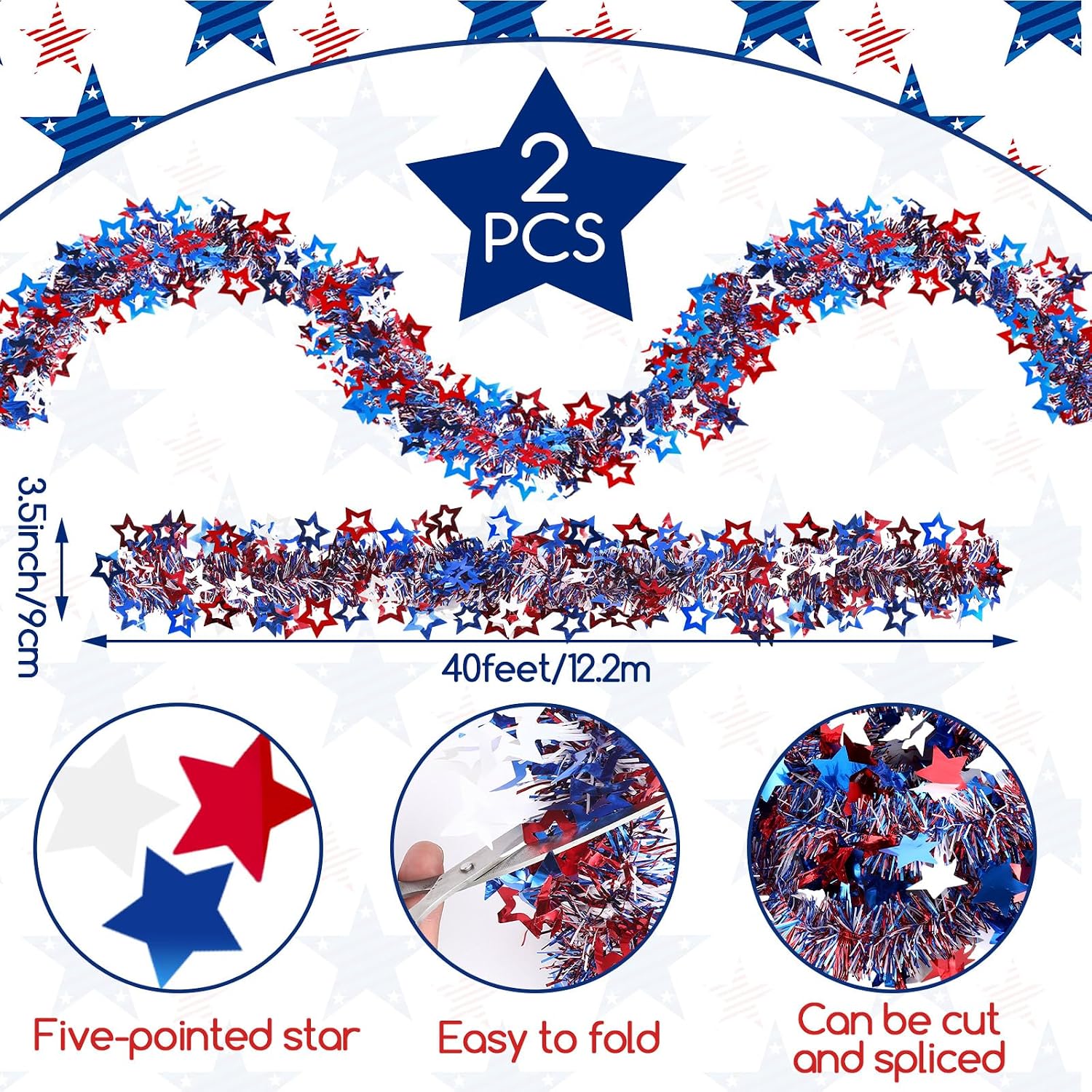 Crowye 2 Pack 80 ft 4th of July Tinsel Garland, Red White and Blue Garland Decoration Patriotic Metallic Glitter Stars for Memorial Day Independence Day 250th Anniversary Tinsel for Golf Cart Decor