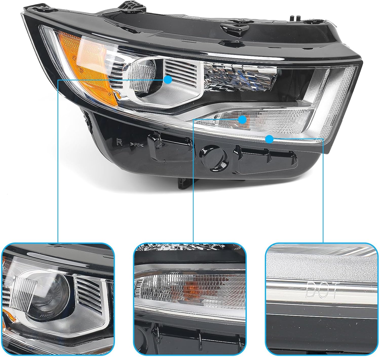 Halogen Headlight Assembly for Ford Edge 2015-2018 Chrome Headlamp Front Light Right Passenger Side RH