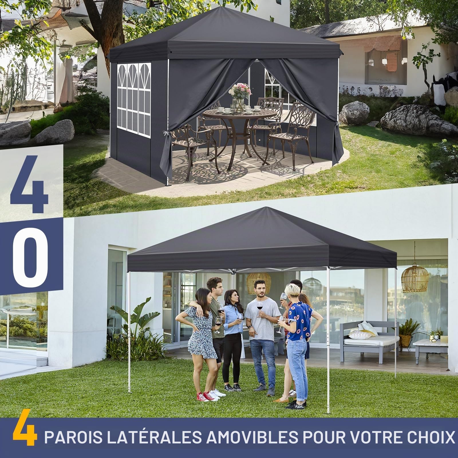 LEADZM Tonnelle Pop-Up Pliante 3x3m Cadre Métal Gris Foncé | Hauteur modulable, tissu étanche anti-UV 50+, 4 panneaux latéraux inclus, structure stable pour réception, jardin et camping