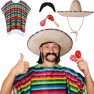 Unittype 6 Pcs Cinco De Mayo Costume Sombrero Hat Serape Poncho Mustache Maracas Fiesta Outfit Cinco De Mayo Accessories