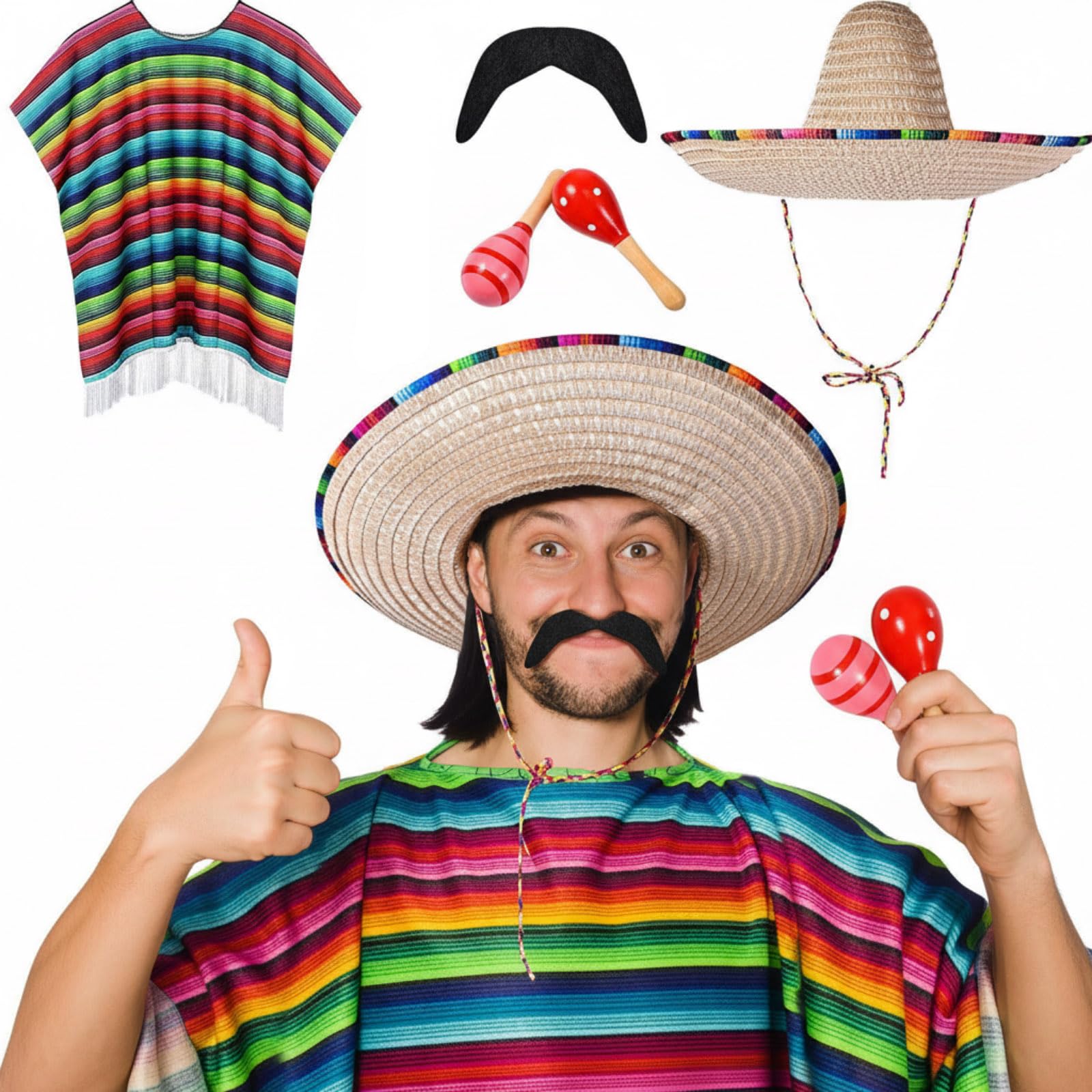 Mexican Party Costume Set Includes Mexican Fiesta Serape Poncho Sombrero Hat Fake Mustache Colorful Maracas Stick Prop