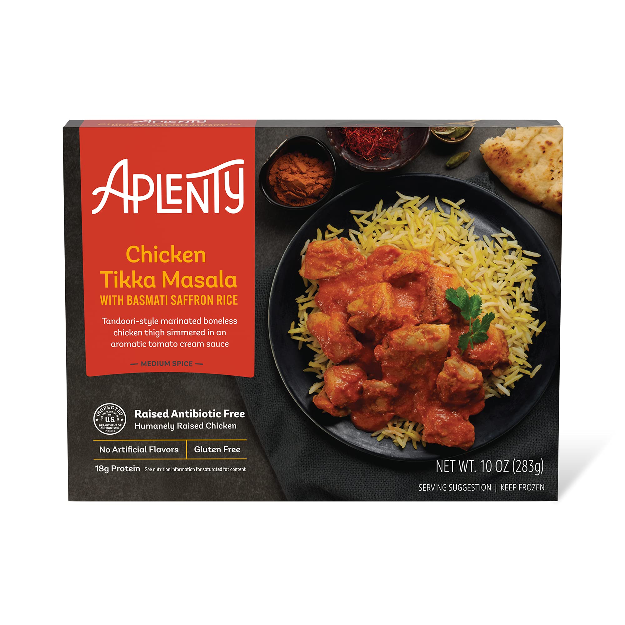 Amazon Brand, Aplenty Chicken Tikka Masala With Basmati Saffron Rice Frozen Box, 10 Oz