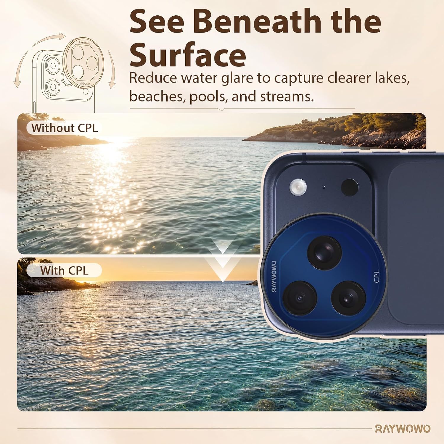 CPL Filter for iPhone 17 Pro, Polarizing Lens Filter, Reduce Glare & Reflections, Quick Install/Remove, Camera Lens Filter for iPhone Photography & Video, Blue