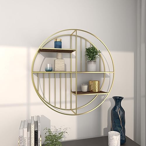 Miniatura 9 de Deco 79 Estante de pared redondo de metal de 3 estantes 28 x 7 x 28 pulgadas dorado