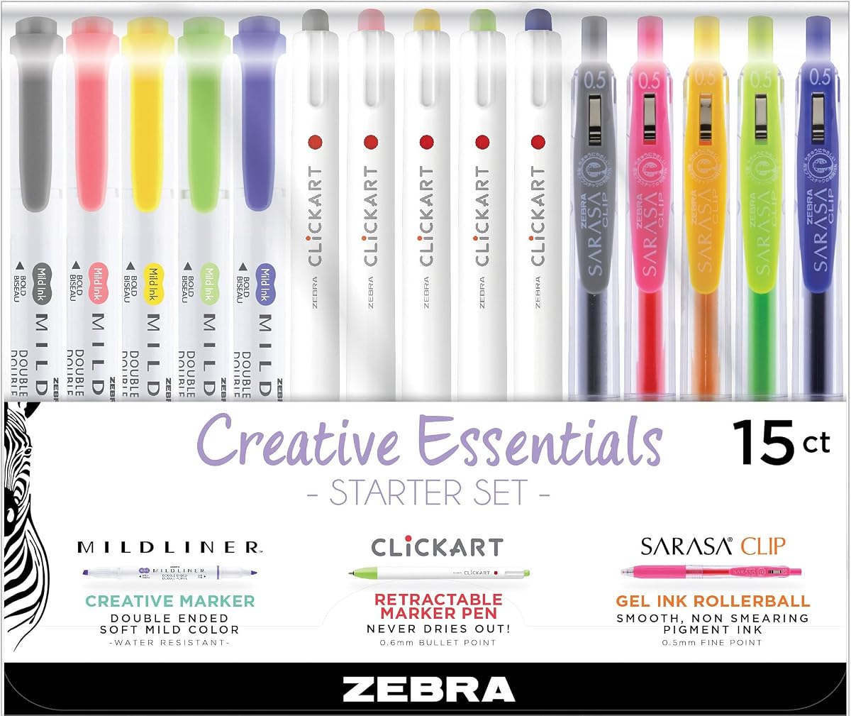Creative Essentials Starter Set, incluye 5 resaltadores, 5 marcadores y 5 bolígrafos de gel retráctiles con clip Sarasa, colores de tinta variados, paquete de 15 (76115)