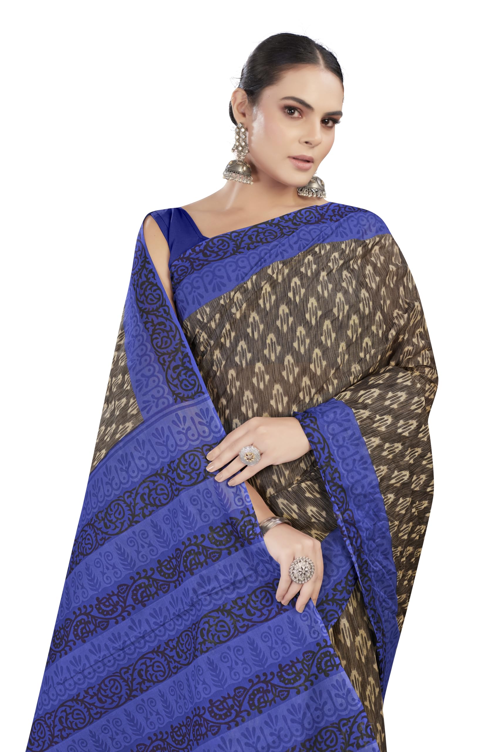 Women's Ikkat Handloom Printed Pure Cotton Mulmul Saree Without Blouse Piece(AB44_Parent)-image-9