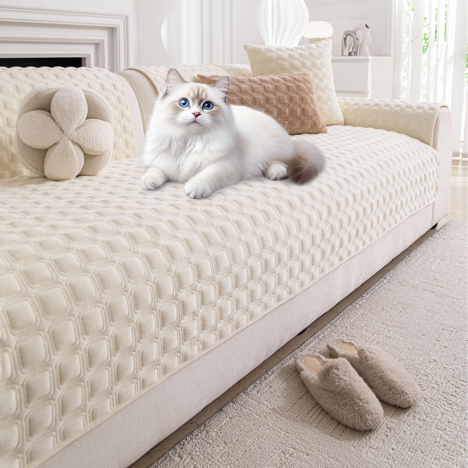 TAOTAOGO Premium Soft Milk Velvet Non-Slip Sofa Cover, Washable Corner Couch Cover L Shape for 2/3/4 Seater, Pet Dog Proof Furniture Protector, All-Season Universal E1 Beige 70x210cm