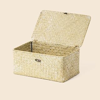 Nonam Medium Wicker Basket with Lid,Seagrass Shelf Storage Basket,White