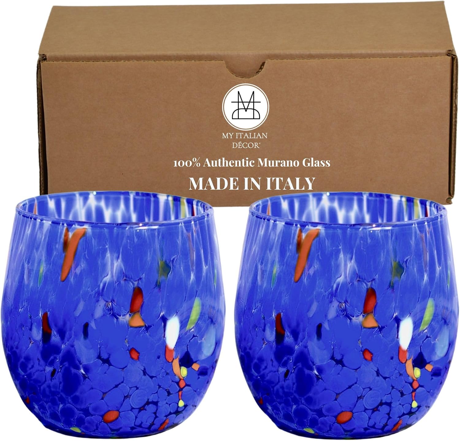 MY ITALIAN DÉCOR Hand Blown Murano Glass Cups, Set of 2, 14 oz, Murano, Colorful Drinking Tumblers, Colorful Drinkware, Confetti - Made in Italy (White)