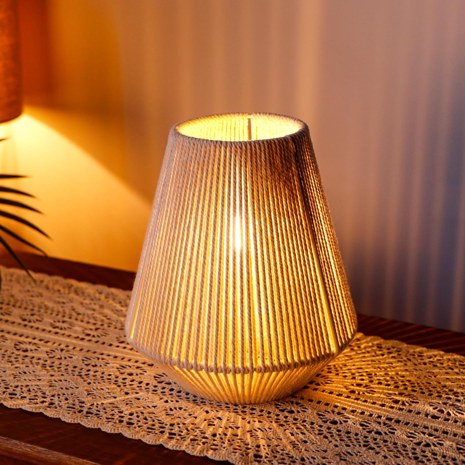 JHY DESIGN Woven Lampshade Table Lamp 8"H Cotton Rope Bedside Lamp Cordless Small Battery Operated Lamp Decorative Bedside Lamp with 6 Hours Timer for Bedroom Living Room Weddings Parties Patio Events