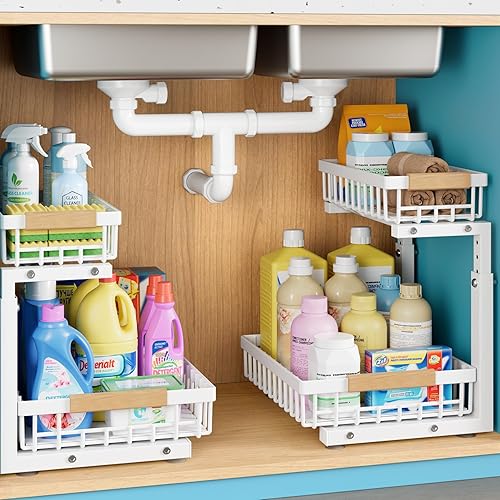 Jusdyrack 2 Packs Under Sink Organizer,Small Shelf for narrow spaces,2 Tiers Pull Out Under Cabinet Organizer,Adjustable Height,Slide Out Thickened Metal Under,White - White - 2 Pack