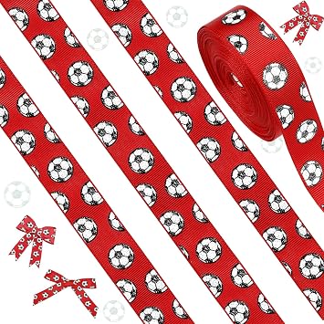 ROCEEI 10 Yards Soccer Ribbon Glitter Soccers Pattern 7/8 Inch Craft Grosgrain Ribbon Party Decorations for Gift Package Wrapping, Floral Design, DIY Hair Bow, CraftingRed