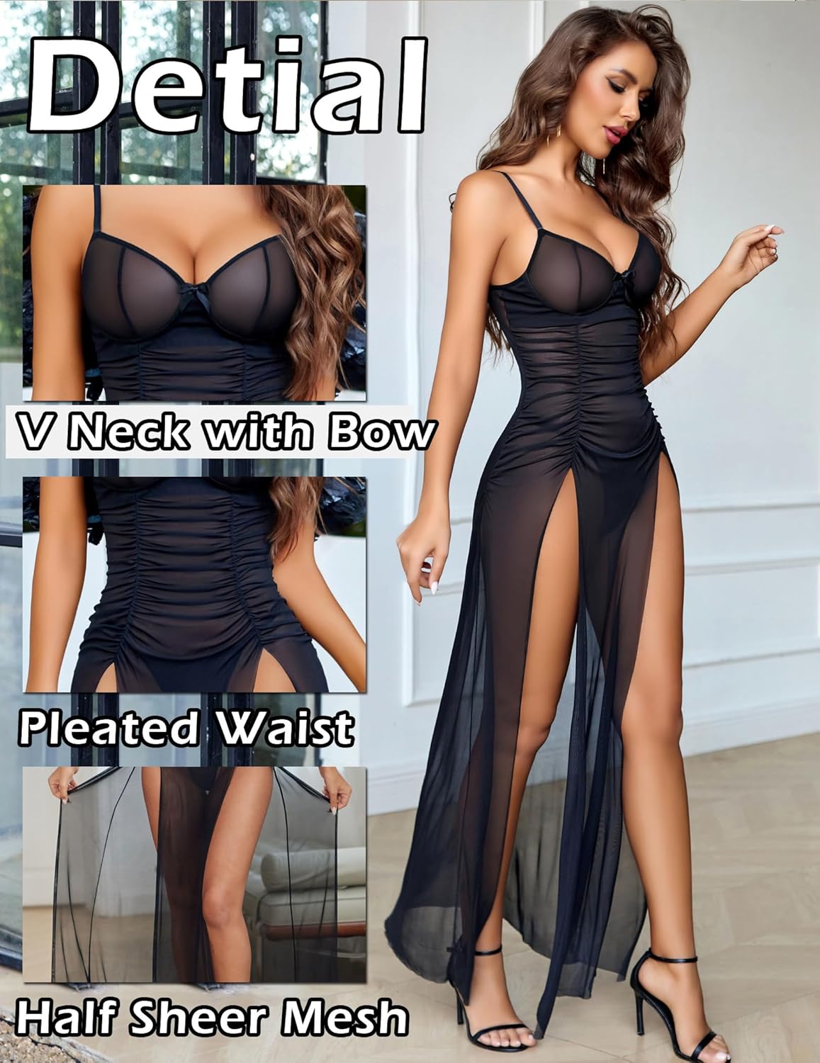 Avidlove Sexy Nightgown for Women Mesh Floral Slit Pleated Lingerie V Neck Long Dress - Image 2