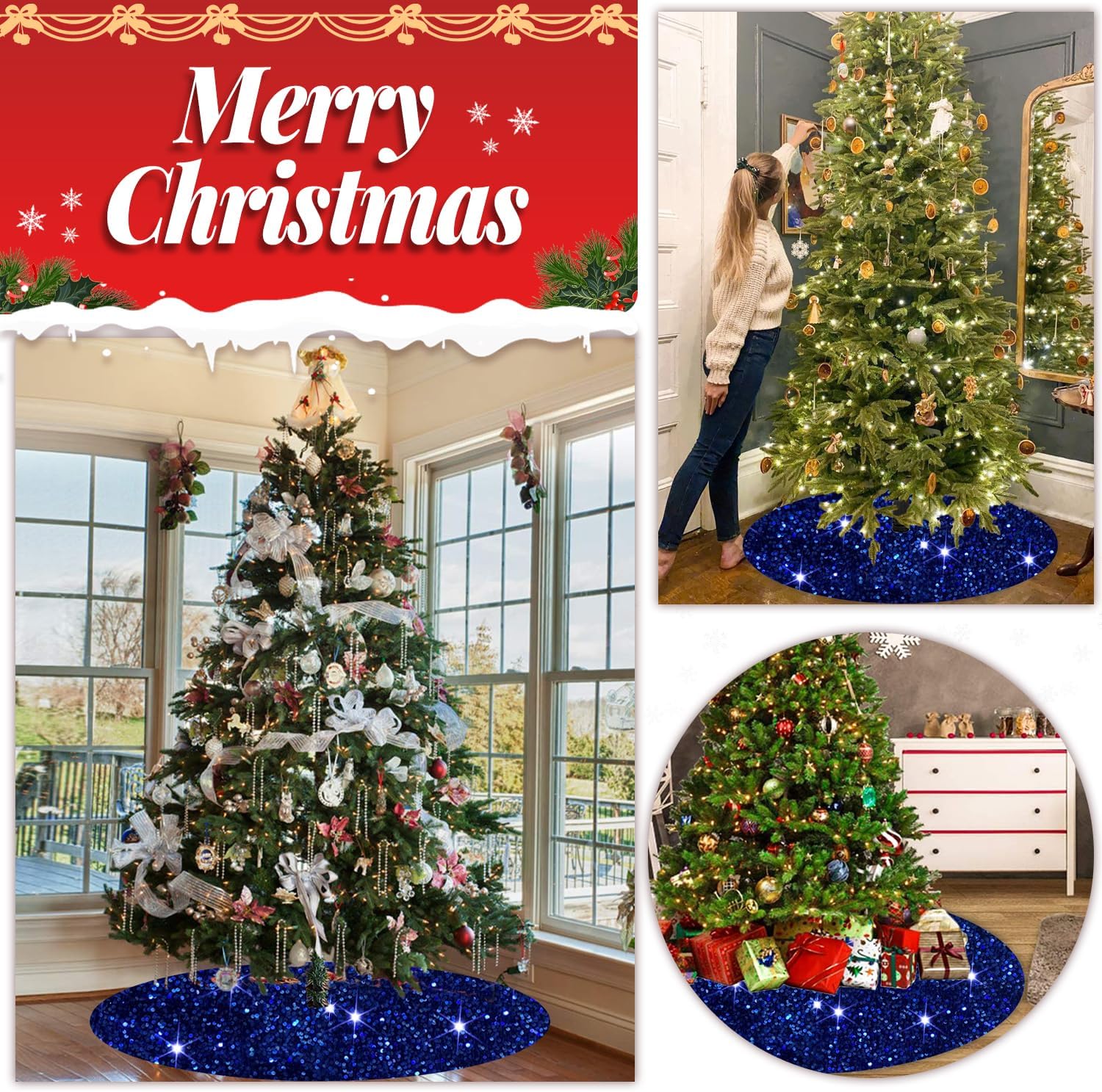 FOTSHARER Blue Tree Skirt Christmas Tree Storage Bag Bundle Sequin Christmas Tree Skirt 36 Inches Xmas Tree Bag 9 FT Christmas Tree Storage Containers Christmas Tree Base Cover Tree Bags Storage.