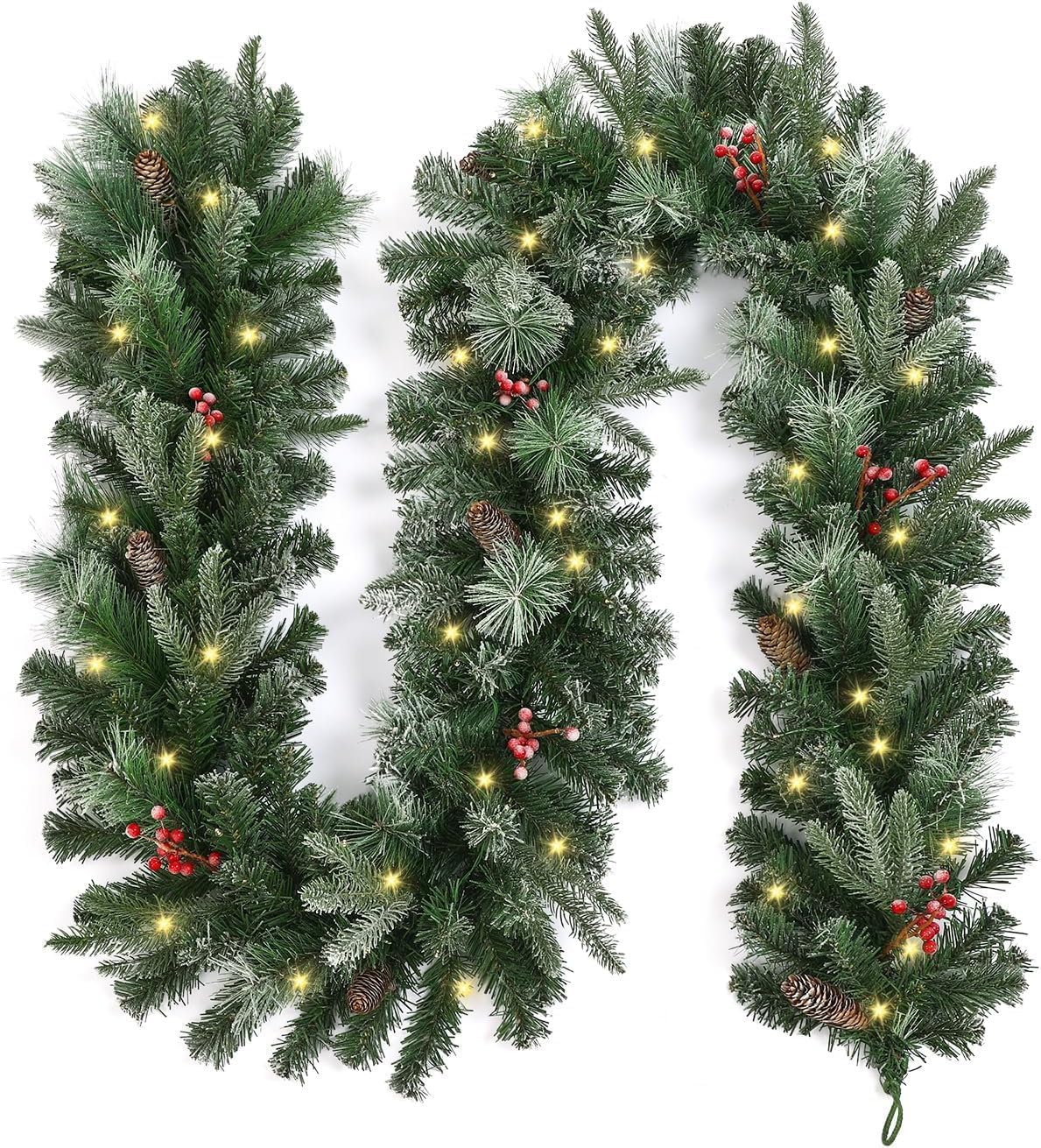 9FT Christmas Garland with Pine Cones, Prelit Christmas Garland Greenery Outdoor Lighted Pine Garland, Mantle Garland Christmas Holiday Decoration Indoor (Berries, 9ft) Spruce Needles