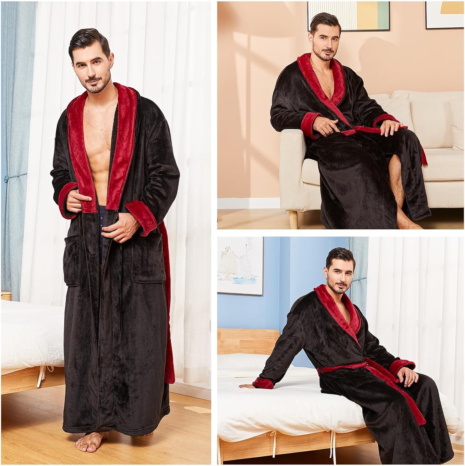 FashGudim Mens Robes Big and Tall Full Length Plush Fleece Long Robe for Men Bathrobe Shawl Collar Warm Winter House Robes - Image 5
