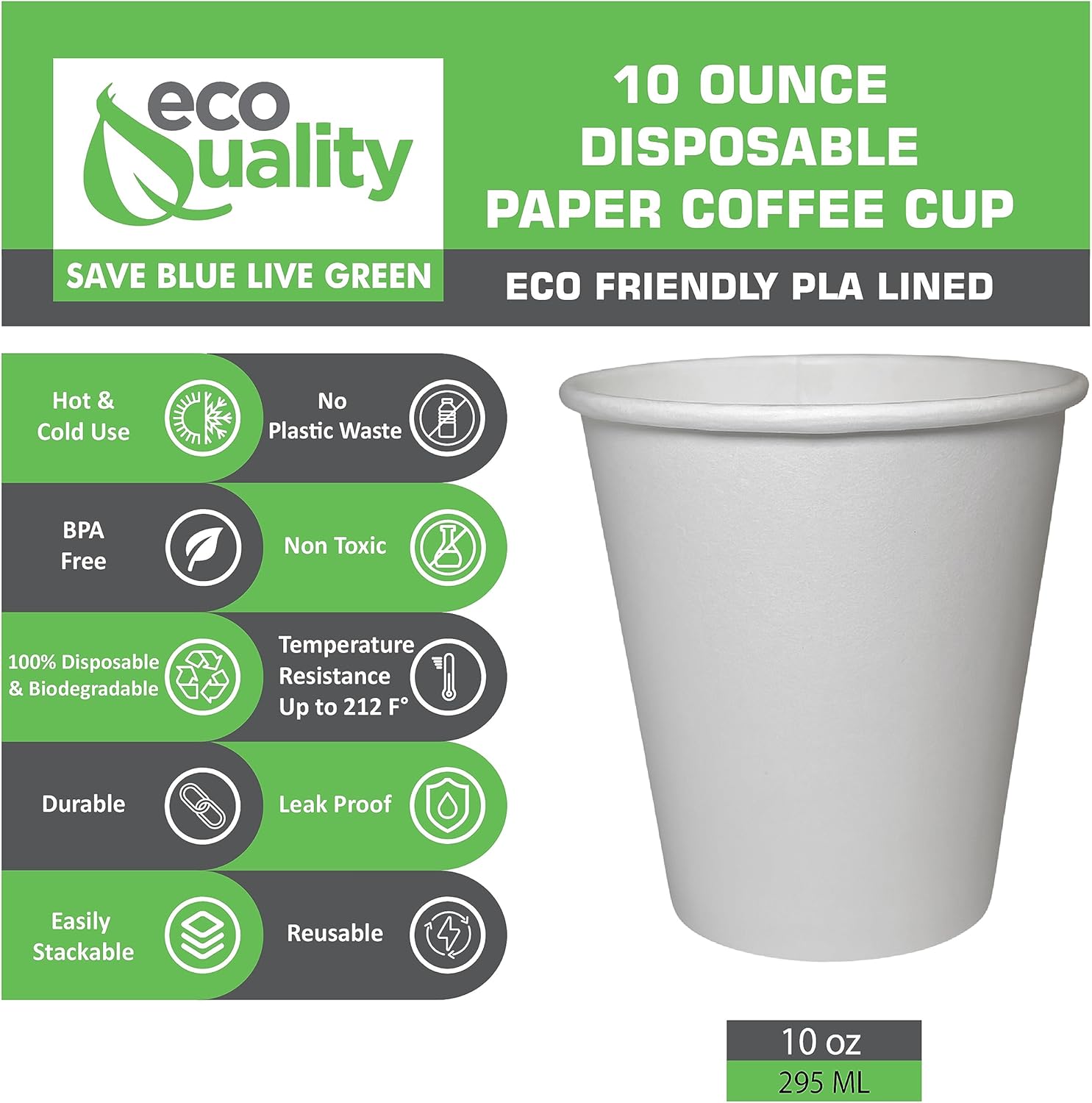 EcoQuality 10 oz White Hot Drink Paper Cups - Disposable Paper Coffee Cups, Recyclable, Compostable, Great for Office, Breakrooms, Restaurants, Coffee Shops, Tea Shops, Latte, Chai (400)
