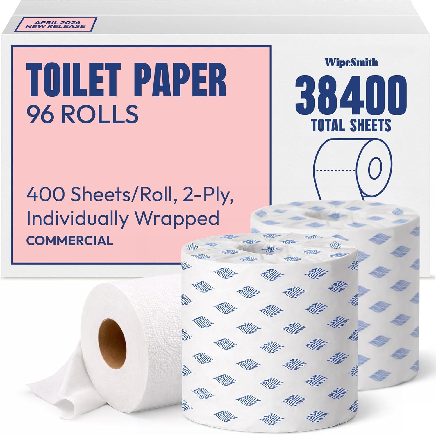 Toilet Paper Bulk 2-Ply White, 96 Individually Wrapped Rolls, 400 Sheets per Roll (38,400 Total Sheets), 100% Recycled Commercial Bath Tissue, Septic Safe Standard Roll for Office and Home | Embossed texture, Fits all dispensers, Perforated sheets, Full-size 4"×3", Exceeds EPA specs, Hygienic wrapping
