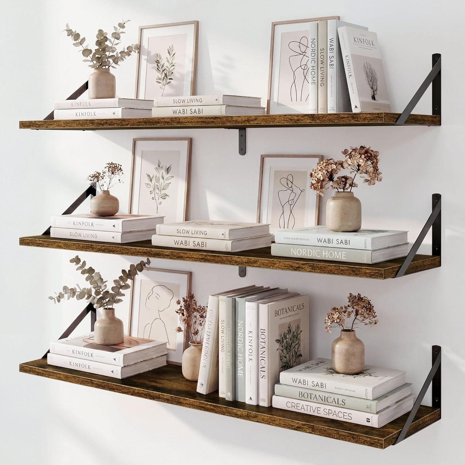 Fun Memories Long Wall Shelves for Bedroom, Set of 3 Large 40-Inch Floating Bookshelves, Rustic Wood Display Shelf for Home and Office (Rustic Brown)