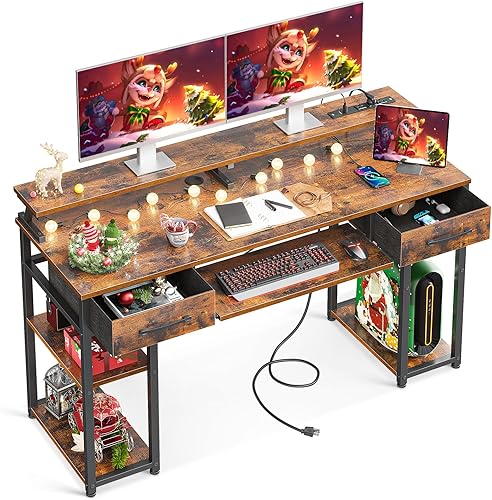 ODK Escritorio de oficina para computadora de 55 pulgadas con puerto de carga USB y bandeja para teclado, escritorio para juegos de escritura con 2