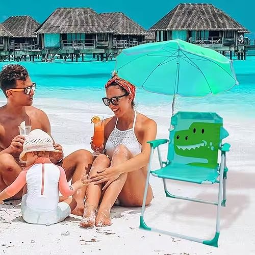 Miniatura 4 de Silla de playa para niños con paraguas plegable, desmontable, portátil, lindo patrón de animales, silla de playa para niños con toldo