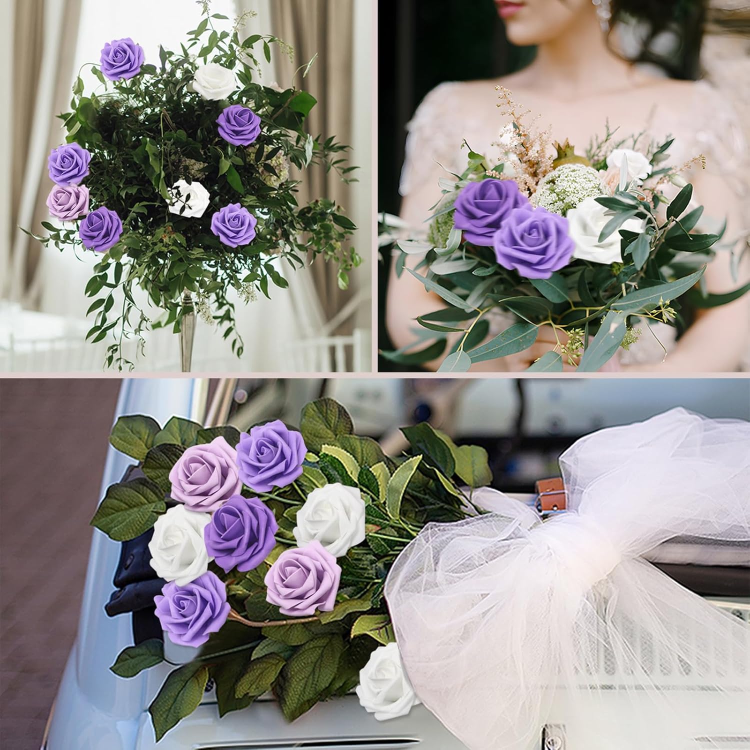 Artificial Flowers 50PCS Purple Roses Real Looking Foam Fake Roses with Leaves and for DIY Wedding Bouquets Bridal Shower Centerpieces Party Decorations (Purple Series, 50) - Image 6