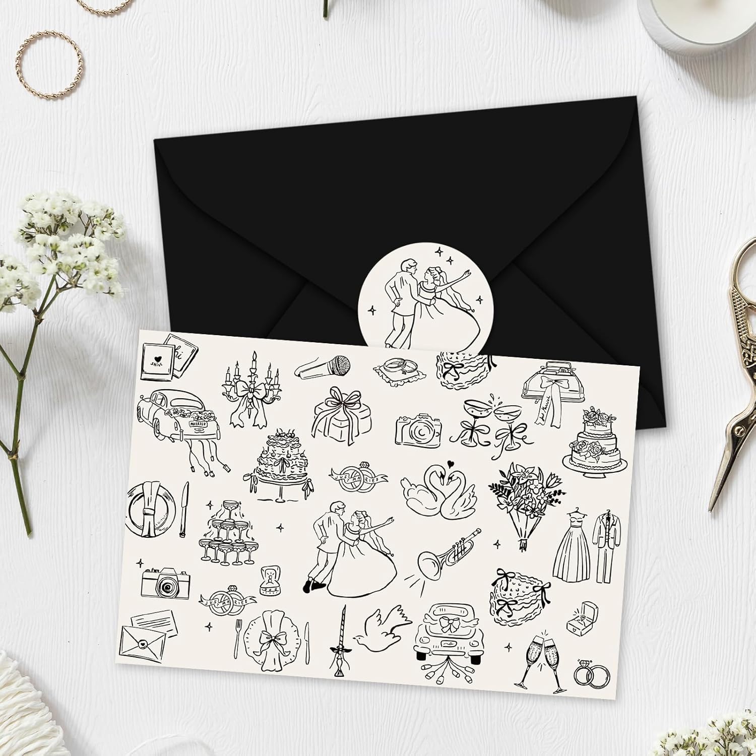 Whaline 24 Pack Wedding Cards Black Bride Groom Flower Greeting Note Cards Invitation Card with Envelope Sticker for Engagement Bridal Shower - Image 4