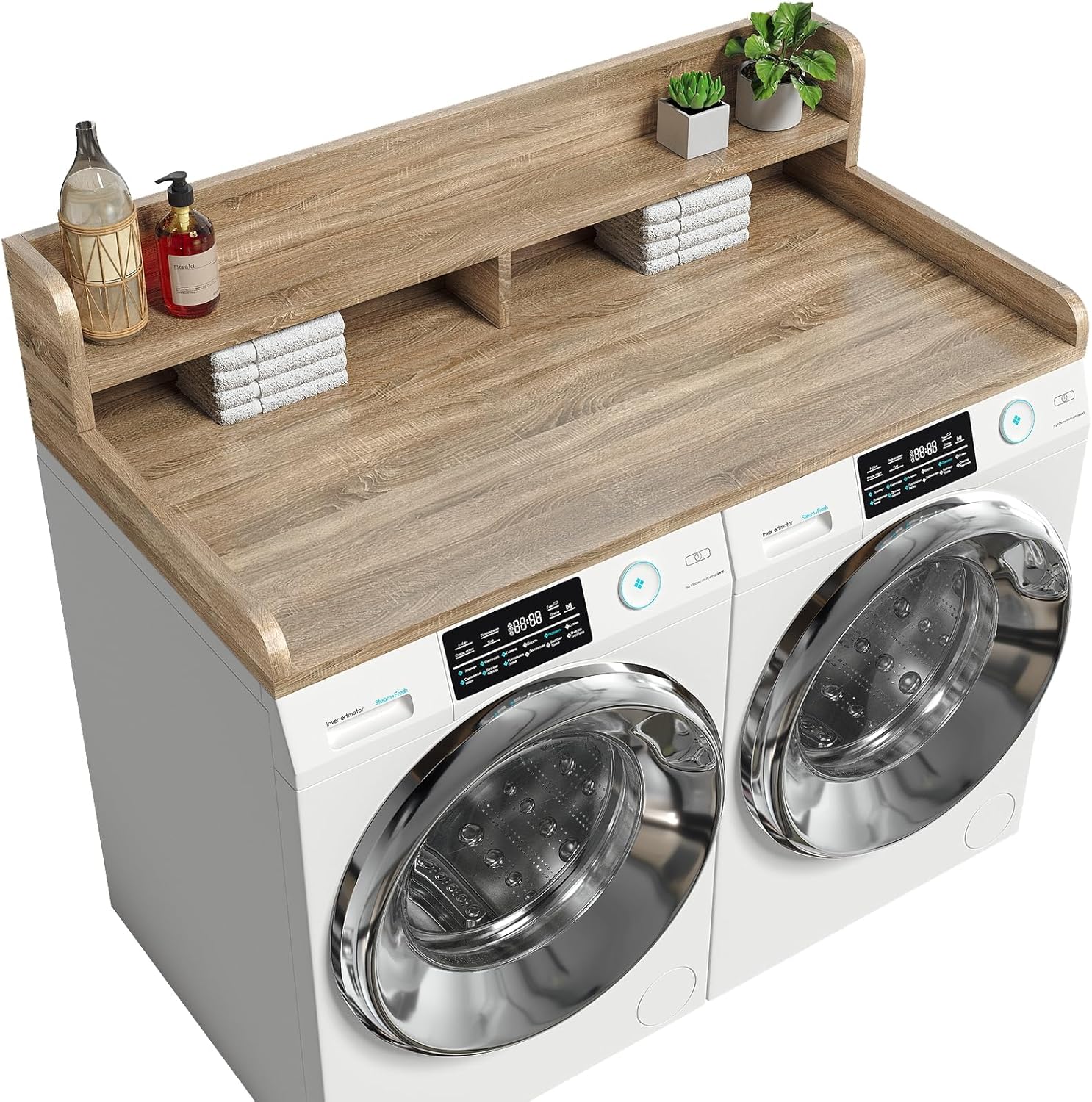 2-Tier Washer Dryer Countertop with 2.75" H Edge Rails, 54" W x 27.55" D Laundry Countertop for Folding Clothes, Washer and Dryer Topper with Non-Slip Pad (White Oak) White Oak 2 Tier-54"Wx27.55"Dx12"H