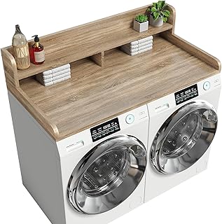 2-Tier Washer Dryer Countertop with 2.75" H Edge Rails, 54" W x 27.55" D Laundry Countertop for Folding Clothes, Washer and Dryer Topper with Non-Slip Pad (White Oak)