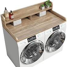 2-Tier Washer Dryer Countertop with 2.75" H Edge Rails, 54" W x 27.55" D Laundry Countertop for Folding Clothes, Washer and Dryer Topper with Non-Slip Pad White Oak