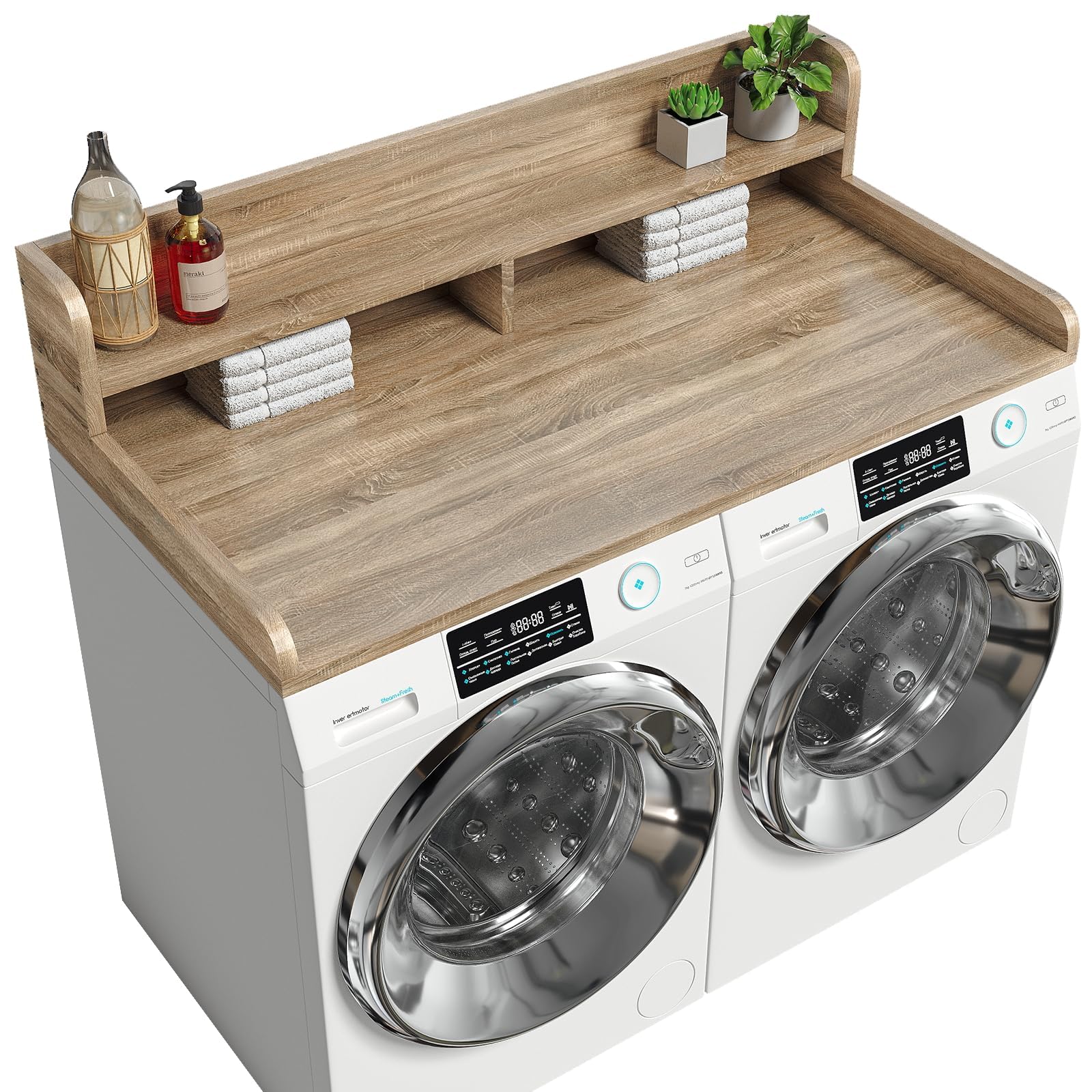 Photo 1 of 2-Tier Washer Dryer Countertop with 2.75" H Edge Rails, 54" W x 27.55" D Laundry Countertop for Folding Clothes, Washer and Dryer Topper with Non-Slip Pad (White Oak)