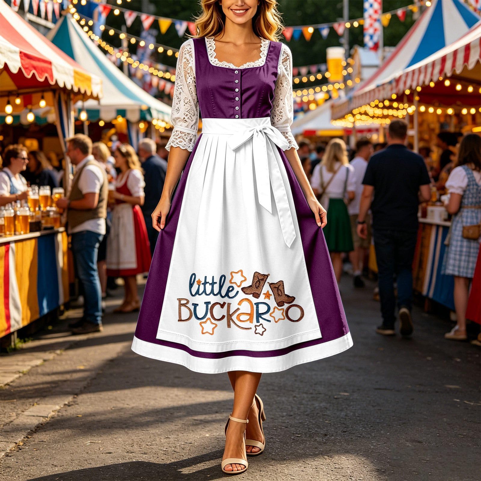 Dirndl Damen, Elegant Trachtenkleid Trachten Knielang Übergröße Dirndlkleid | Spitze Trachtenrock Mit Bluse Schnürung Dirndlschürzen Schürze Besondere Anlässe, Trachtenkleid für Oktoberfest Karneval
