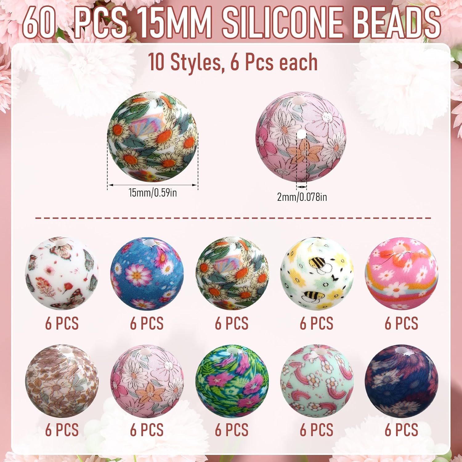 60 Pcs 15mm Silicone Beads Bulk Spring Ditsy Floral Print Round Focal Beads Rubber DIY Silicone Loose Bead for Bracelet Making Kit for Keychain Pens Necklace Bracelets Jewelry Making - Image 2