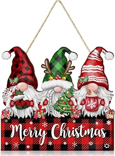 Merry Christmas Wooden Gnome Sign for Front Door, 12 Inch Rustic Christmas Wood Welcome Hanging Sign Porch Sign, Christmas Gnome Door Hanger for Farmhouse Wall Holiday Indoor Outdoor Decoration