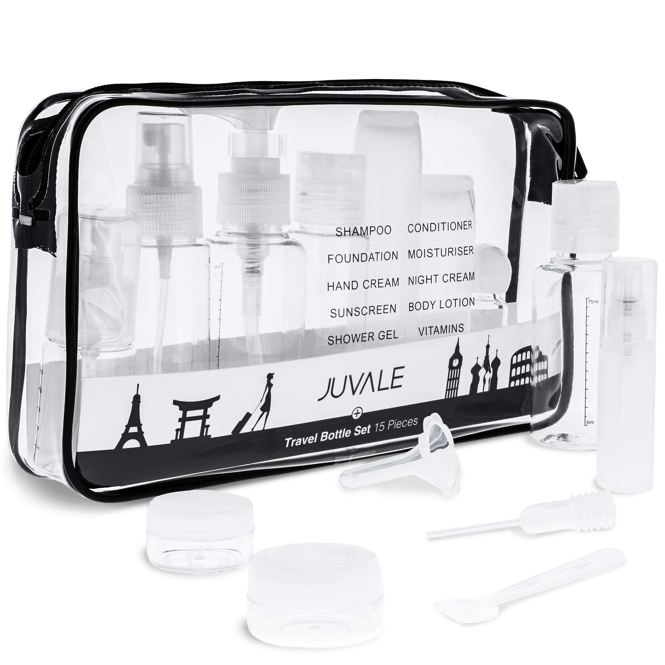 15 Pack Travel Bottle Kit Set – Leak Proof Toiletry Cosmetic Makeup Liquids Containers for Lotion, Shampoo, Cream, Soap with Travel Bag – Clear