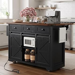 Farmhouse Kitchen Island on Wheels with Drop Leaf & Power Outlet, 53.7-Inch Rolling Storage Island Cart Breakfast Bar with Drawers, Sliding Barn Door Cabinets, Spice Rack (Black)