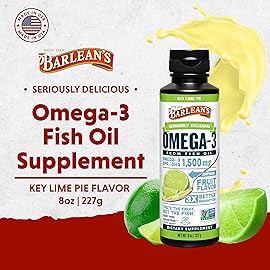 Barlean\'s Omega 3 Fish Oil Liquid Supplement for Men and Women, 1500mg of EPA and DHA Fatty Acid, Promotes Brain & Heart Health - Non-GMO, Key Lime Pie, 8 oz