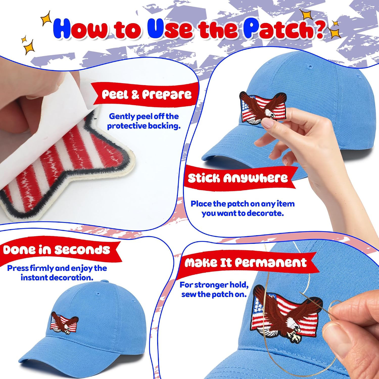 4 Pcs Independence Day Patches, Self-Adhesive Embroidered Patches, Sew On/Stick On Appliques for Clothes Backpacks Hats Jackets, DIY Accessories