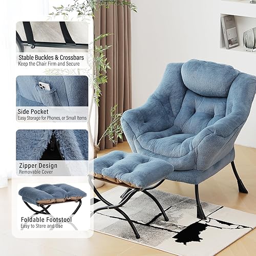 Miniatura 5 de Silla Lazy con otomana, silla moderna con reposapiés plegable, silla de acento de salón, cómoda silla de lectura (azul claro de felpa)