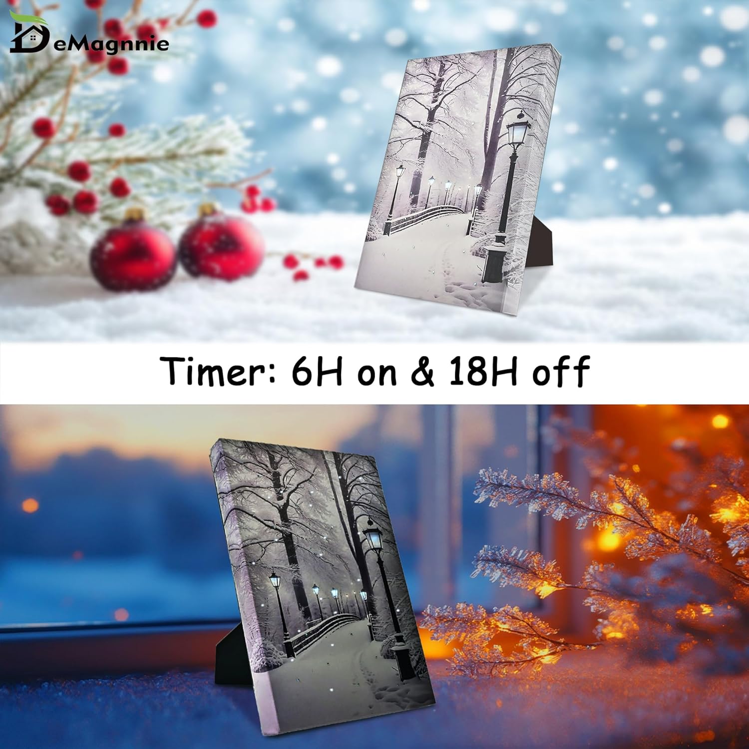 Light Up Pictures w/Timer Fiber-optic Lights Run by Batteries, LED Christmas Pic Small Tabletop Decor, Lighted Winter Landscape Wall Art 8x6 inches Standing Framed Painting Print Artwork for Desktop