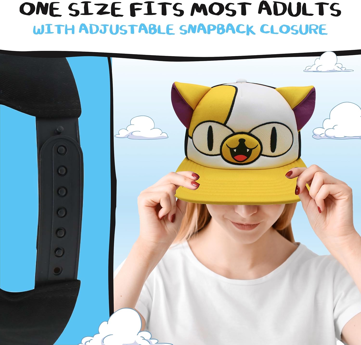 Adventure Time Cake The Cat Baseball Cap, Adult Flat Brim Snapback Hat with 3D Ears, Multi, One Size - Image 4
