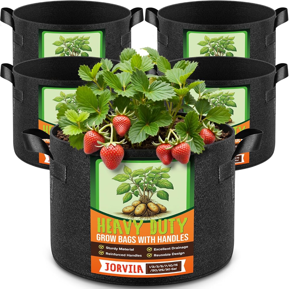 5 Pack 25 Gallon Thickened Grow Bags, Aeration Nonwoven Fabric Plant Pots with Durable Handles, Heavy Duty 300G Planter Pot for Tomato, Potato and Vegetable