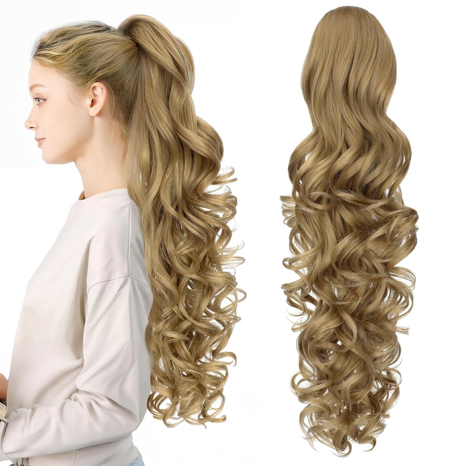 Ponytail Extension, 24" Claw Clip in Ponytail Extensions Long Curly Wavy Ponytails Hair Extension Jaw Clip on Pony Tails Hairpiece for Women Ash Blonde