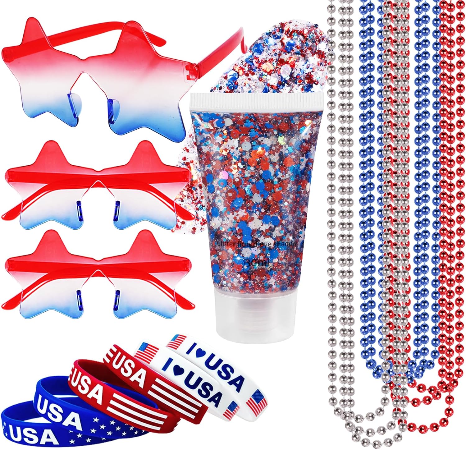 Mysense 4th of July Outfits for Women,4th of July Accessories Set with Red White Blue Face Hair Body Glitter,3 USA Flag Sunglasses,9 Beaded Necklaces,6 Bracelets for Independence Day 250 Anniversary