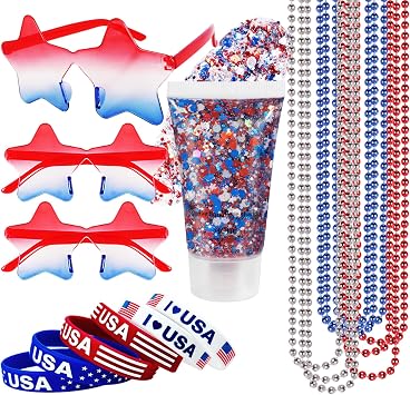 Mysense 4th of July Outfits for Women,4th of July Accessories Set with Red White Blue Face Hair Body Glitter,3 USA Flag Sunglasses,9 Beaded Necklaces,6 Bracelets for Independence Day 250 Anniversary