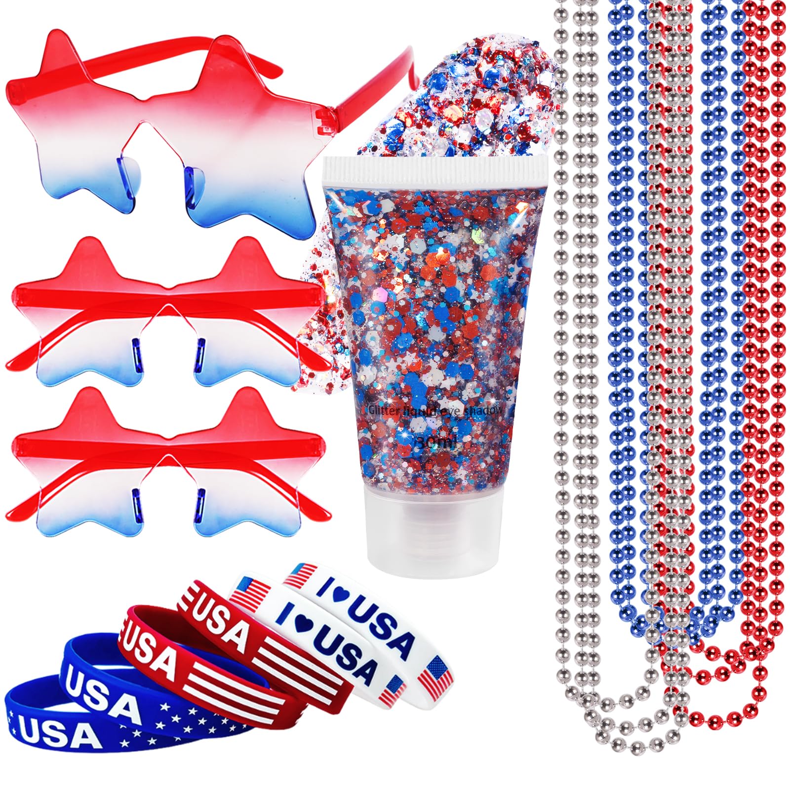 Mysense 4th of July Outfits for Women,4th of July Accessories Set with Red White Blue Face Hair Body Glitter,3 USA Flag Sunglasses,9 Beaded Necklaces,6 Bracelets for Independence Day 250 Anniversary