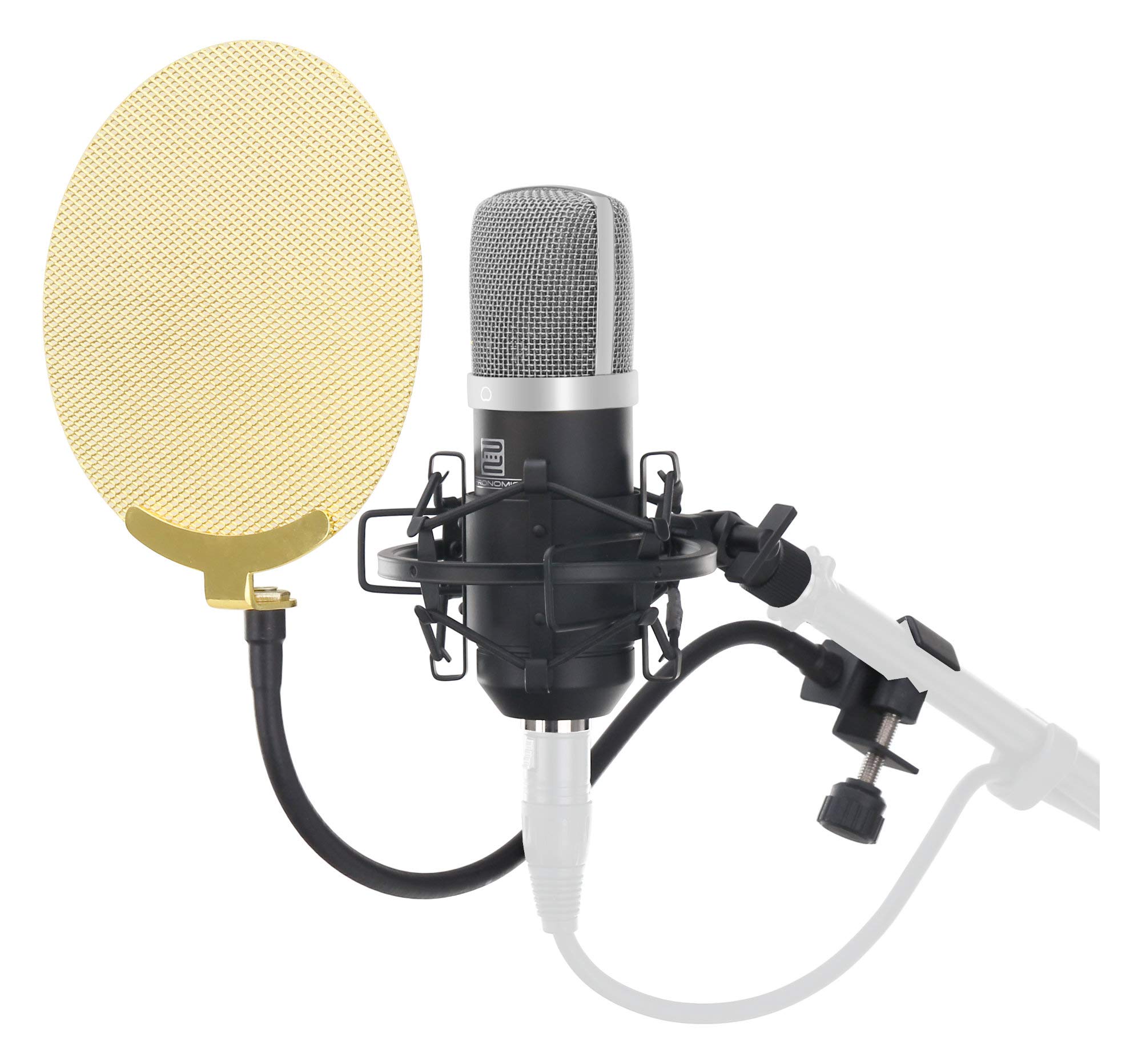 Pronomic CM-22 Studio Großmembranmikrofon XLR-Kondensatormikrofon inkl. Popkiller SET (inkl. Mikrofonspinne, Etui, Windschutz, Transportkoffer, Reduziergewinde und Mikro Popschutz gold) schwarz