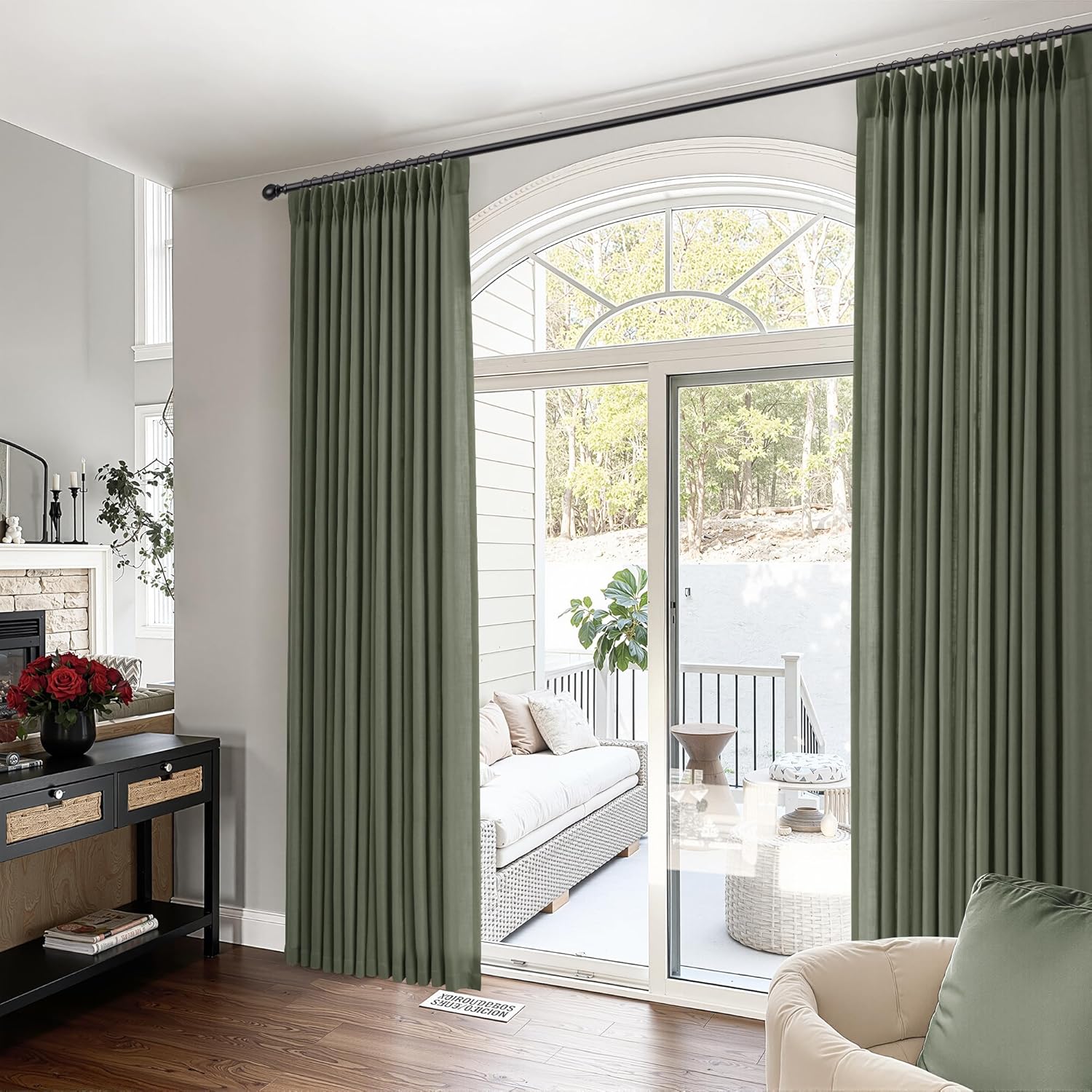 Olive Green Pinch Pleated Linen Curtains 96 Inches Long 2 Panels Set for Living Room Bedroom Pleated Hooks Rings Back Tab Light Filtering Moss Green Loden Boho Farmhouse Drapes 96 Inch Length