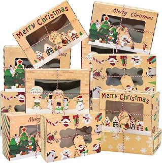 12 Pcs Christmas Cookie Boxes with Window and Lid, Christmas Bakery Treat Boxes for Gift Giving, Food Packaging, Xmas Party Supplies Cupcakes Dessert Containers